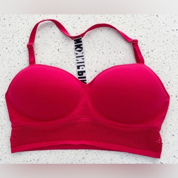 Victoria’s Secret PINK Sports Bra Bralette Red Mesh Longline Logo Strap Size L - Picture 4 of 7